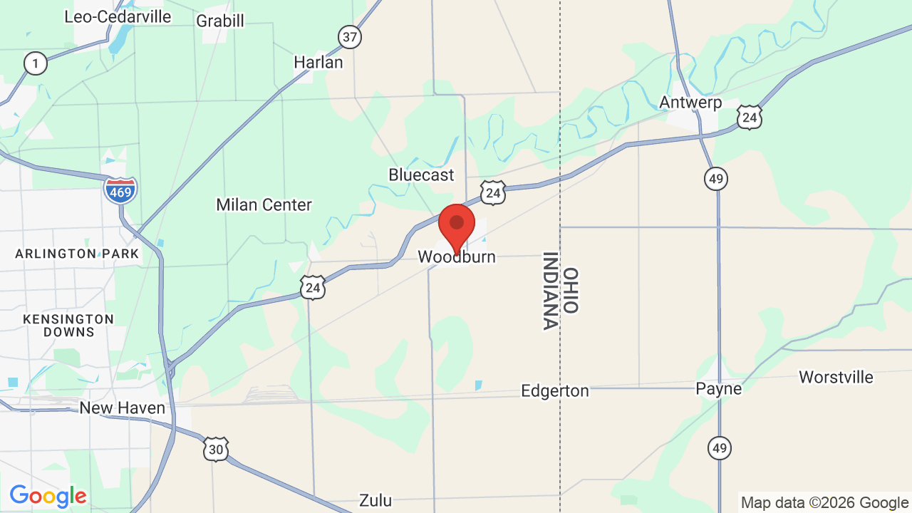 Map of Woodburn, IN — JM Trailer Rentals service area